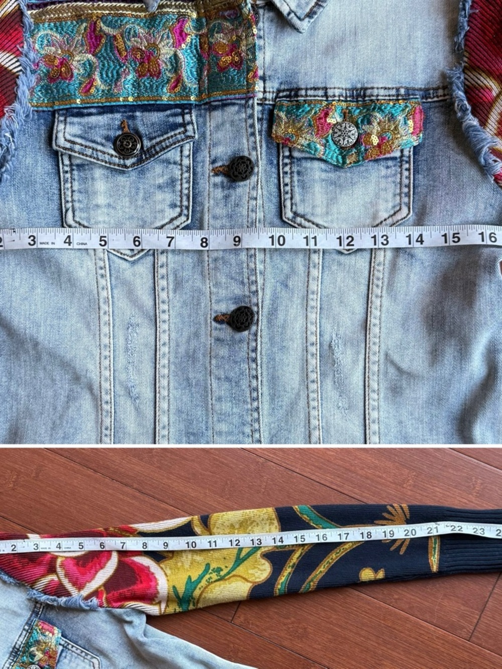 Desigual Light Wash‎ Denim Jacket with Multicolor Floral Knit Sleeves - Picture 7 of 8